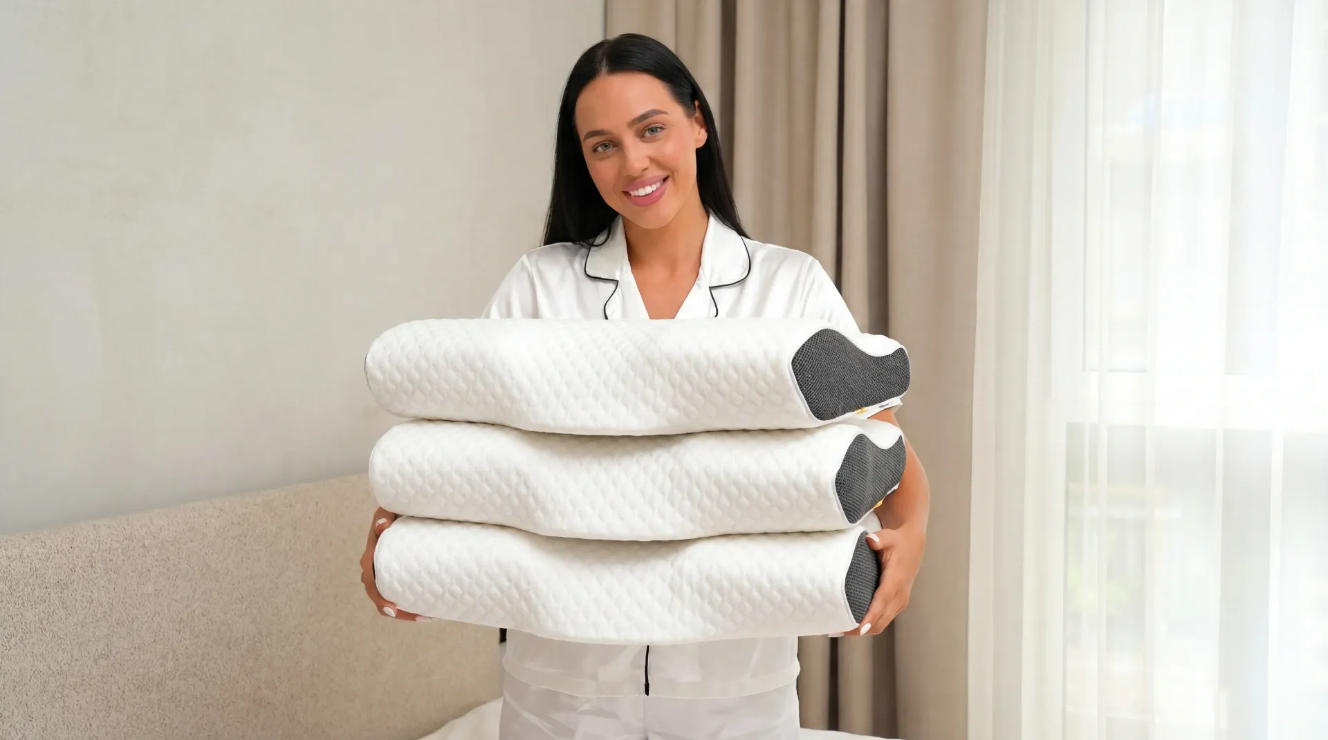 Kvinne som holder en stabel med HappySleep puter