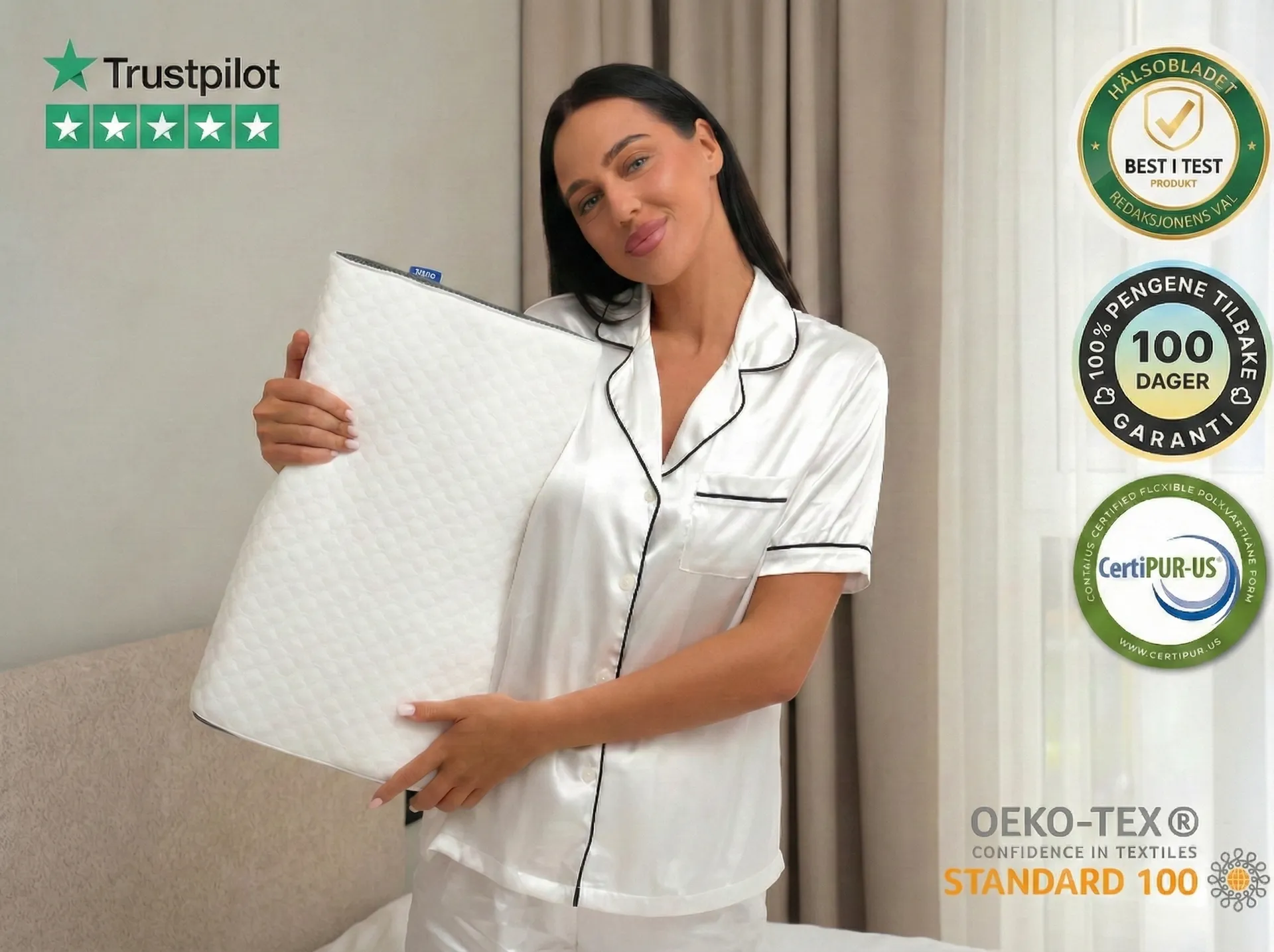 Kvinne som holder HappySleep pute med tillitsmerker