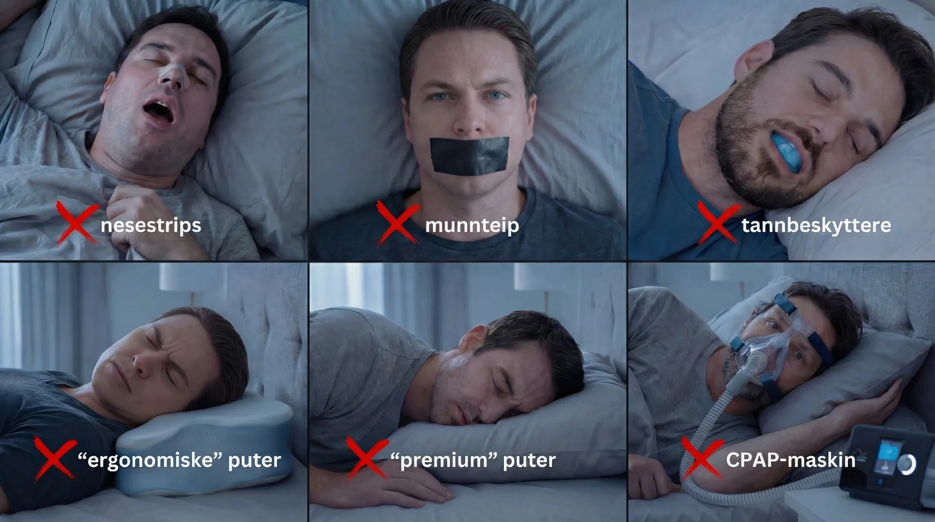 Vanlige snorkeløsninger som ikke fungerer: nesestrips, munnteip, bittskinner, ergonomiske puter, premiumputer, CPAP maskin