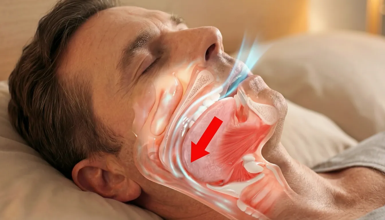 Mann som sover med illustrasjon av luftveier som viser hvordan snorking oppstår