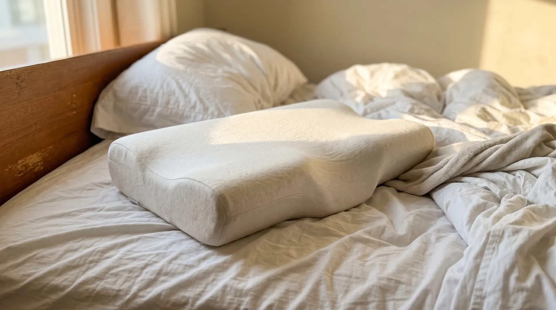 Ergonomisk pute på seng med naturlig nakkestøtte