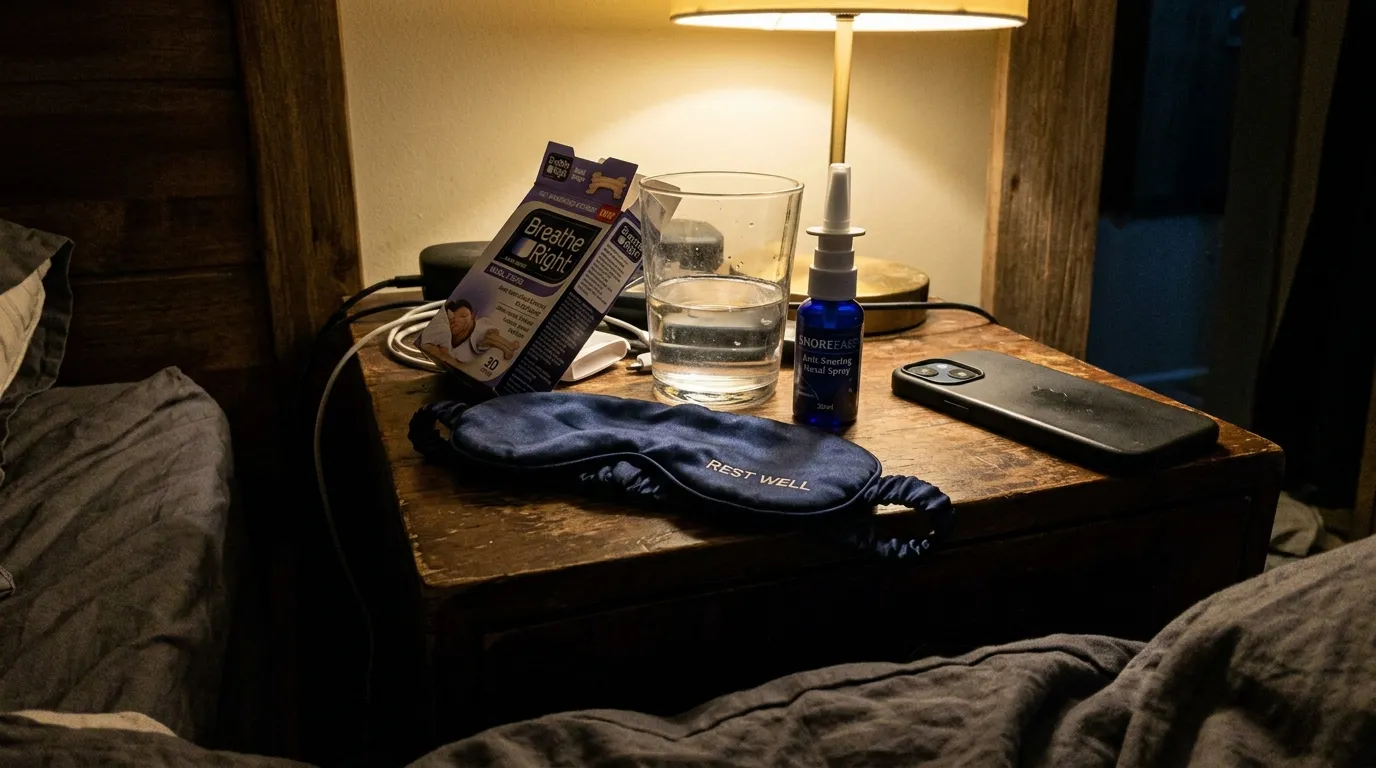 Forskjellige hjelpemidler mot snorking på nattbord